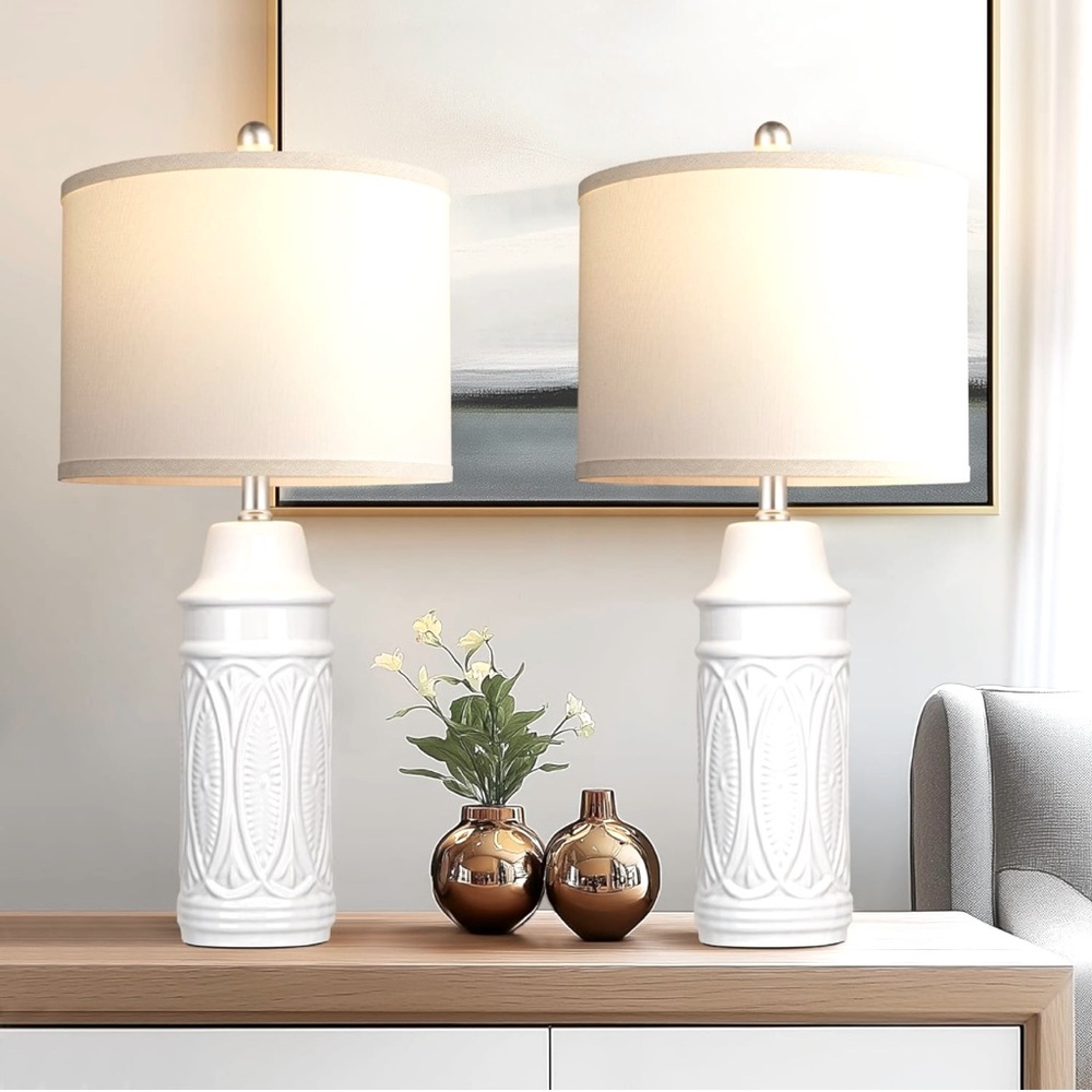 Set of 2 White Ceramic Table Lamps with White Linen Shades NIB